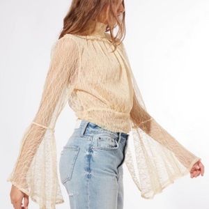 NWT Free People Long Bell Sleeve Lace Rule Breaker Top, Small, Tea Color